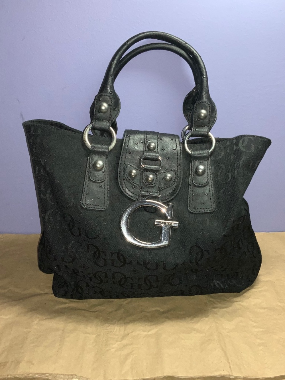 Vintage black GUESS monogram satchel large silver "G" logo studded flap